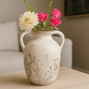 Ceramic Two Arm Vase - Green And Pink Floral Silhouettes - Future Decor