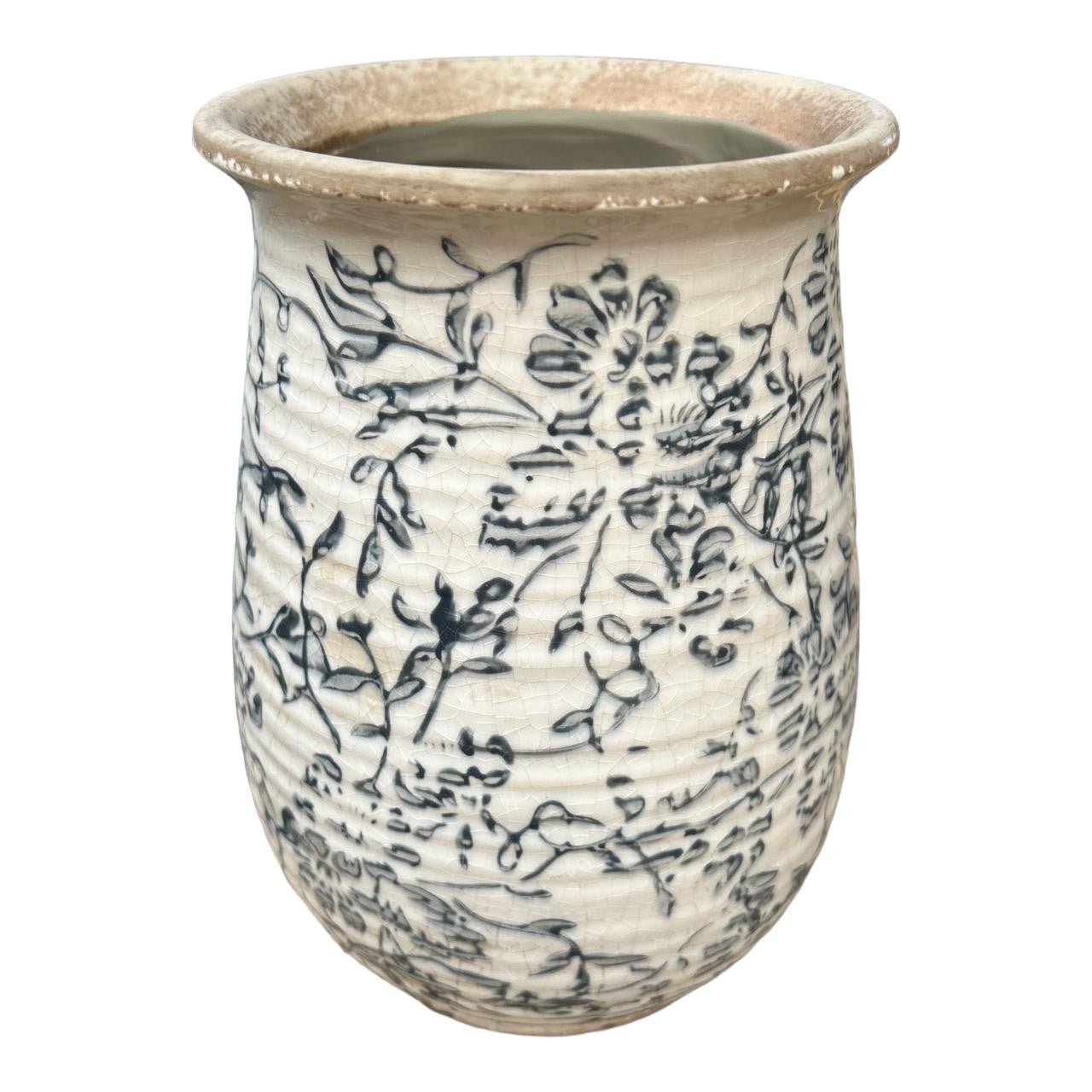 Ceramic Vase - Black Floral Silhouettes, Rippled Body - Future Decor