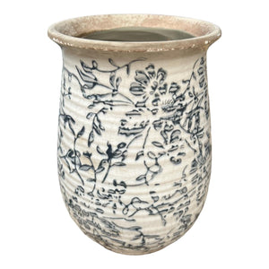 Ceramic Vase - Black Floral Silhouettes, Rippled Body - Future Decor