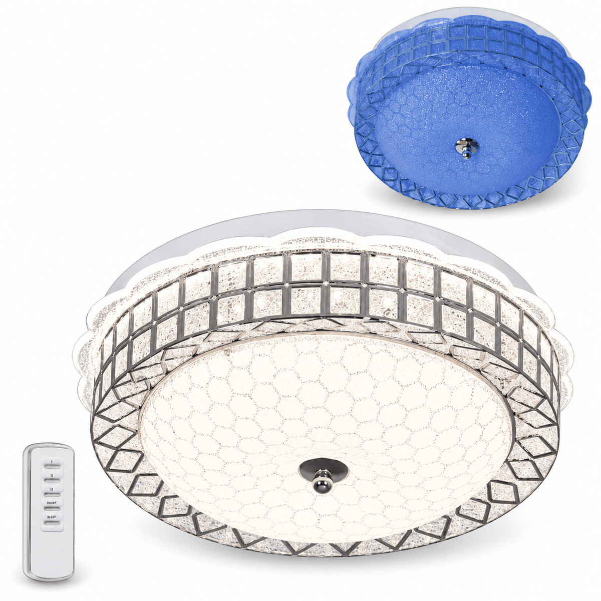 24W RGB ceiling fitting with remote and backplate on a white background.