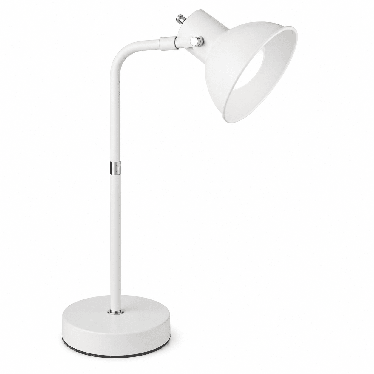 White metal desk lamp with a rotatable head, featuring a sturdy base and sleek design.