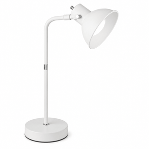 White metal desk lamp with a rotatable head, featuring a sturdy base and sleek design.