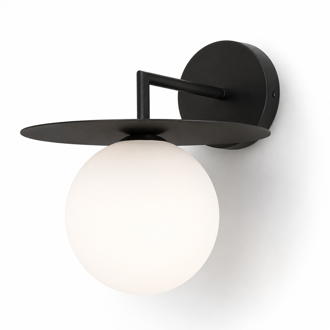Senna Black Indoor Wall Light featuring a round glass orb shade and sleek black metal mount.
