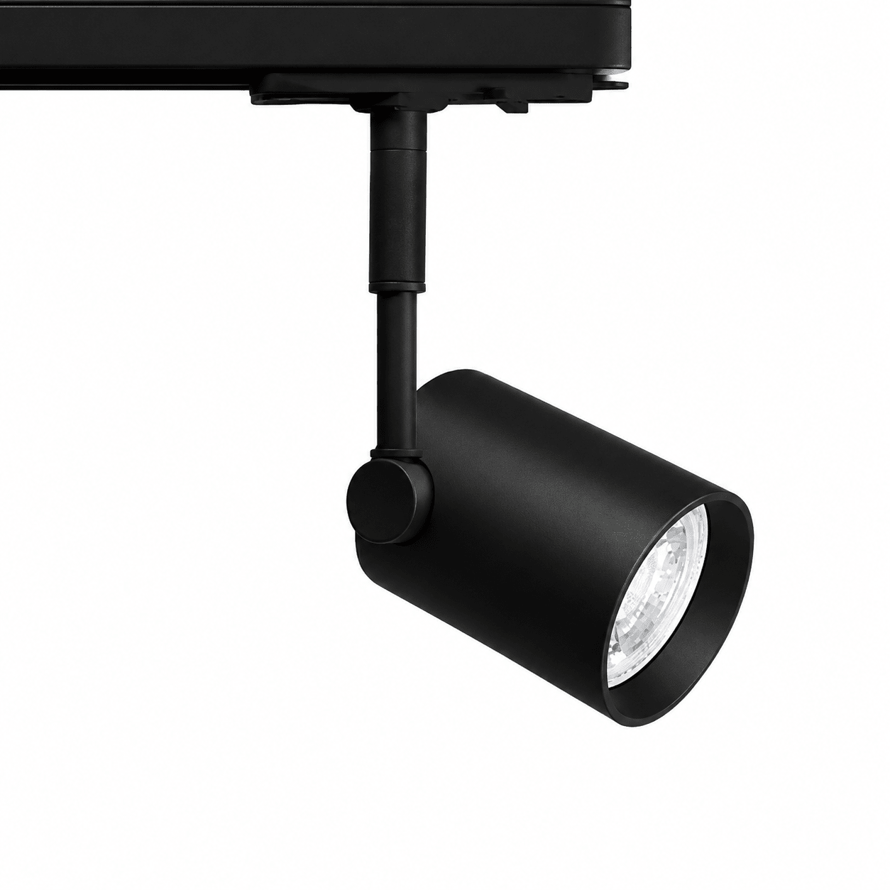 Black 3-wire track spotlight with adjustable head for focused lighting.
