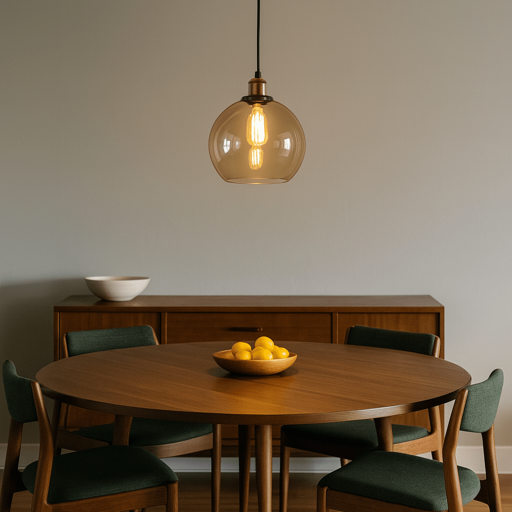 Dining room with wooden table, chairs, and a pendant light.