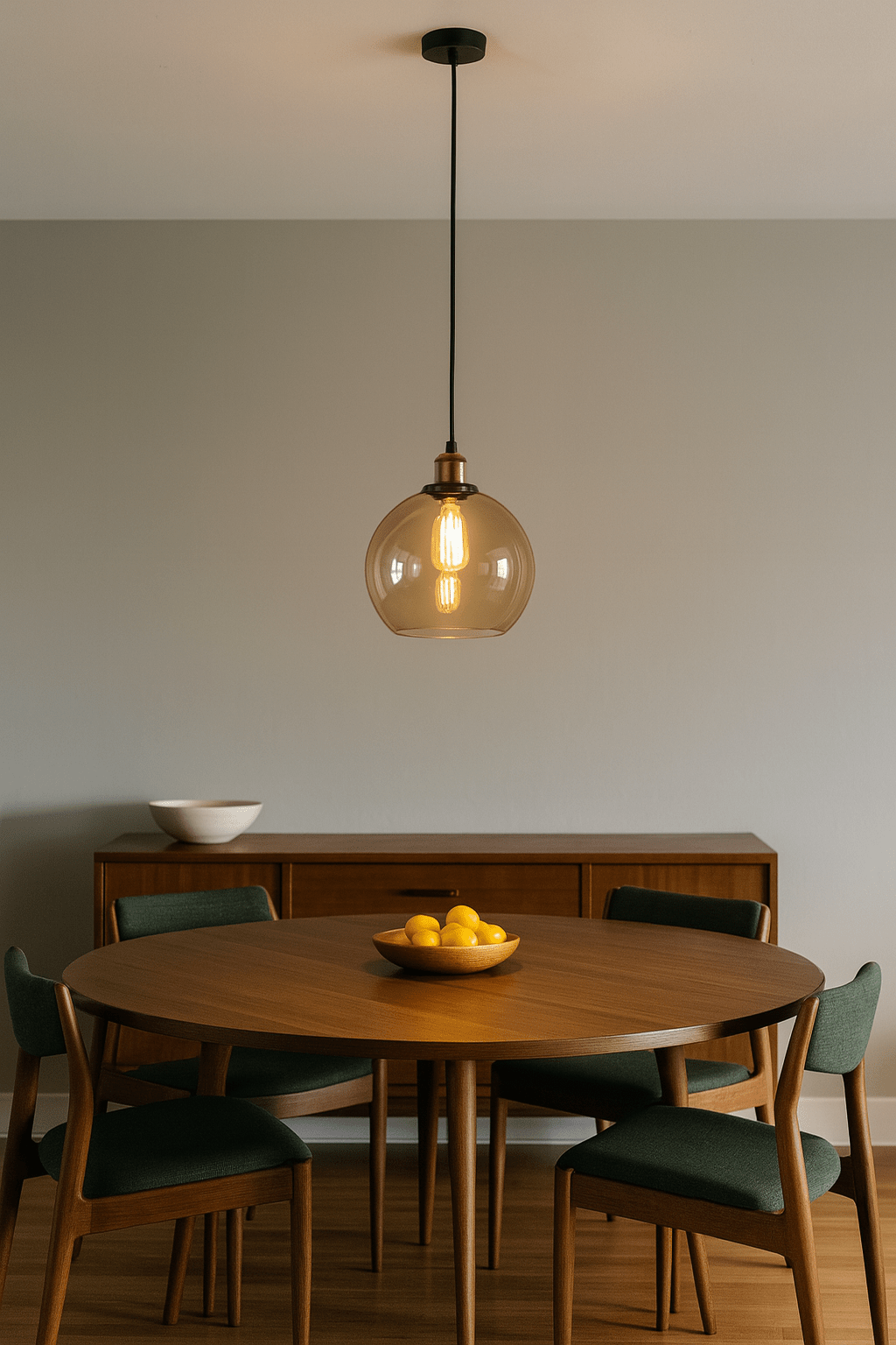 Dining room with wooden table, chairs, and a pendant light.