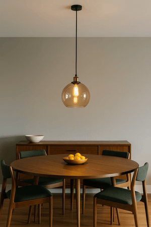 Dining room with wooden table, chairs, and a pendant light.