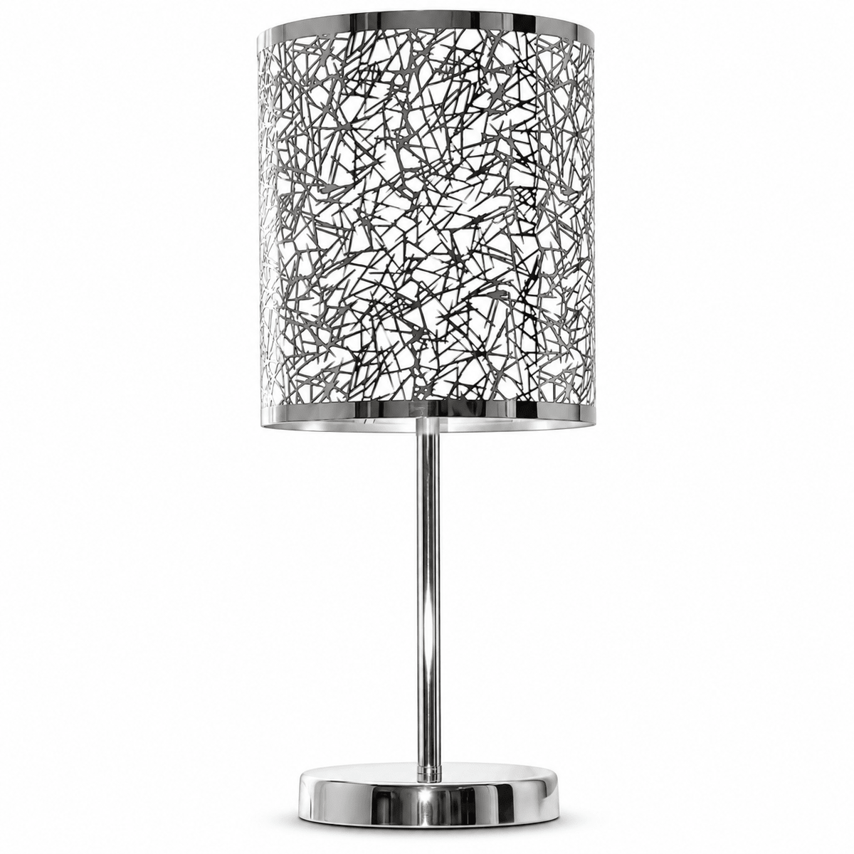 Polished Chrome Table Lamp with Silver Patterned Shade product image on a white background