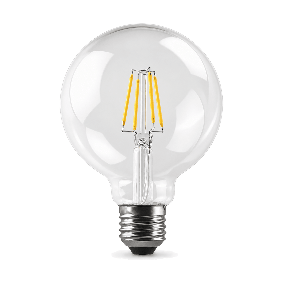 Clear G125 dimmable LED filament bulb on white background