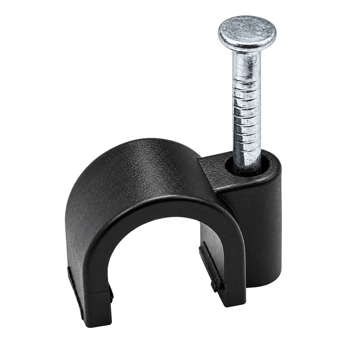 Transparent-background product image of a black round 14mm cable clip with steel nail