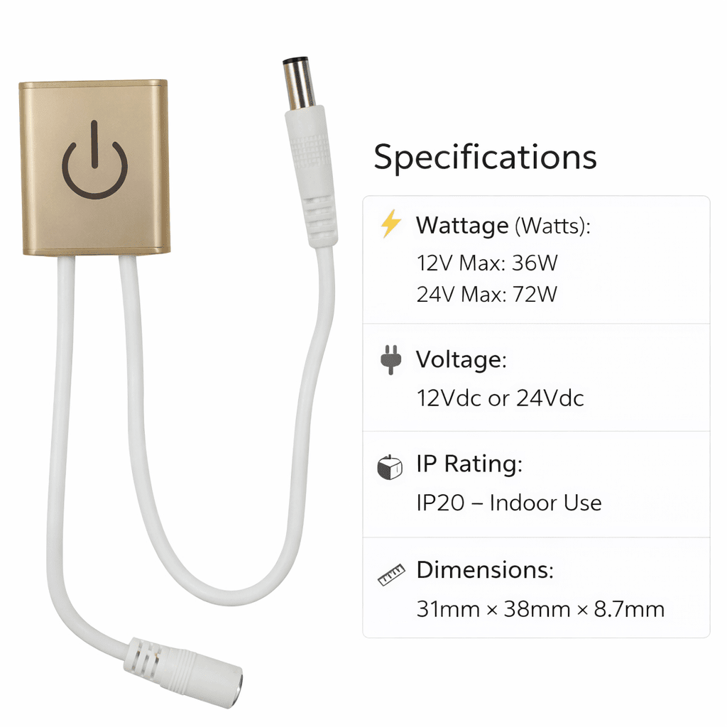 Smart contactless dimmer for LED strip lights with specifications displayed alongside.