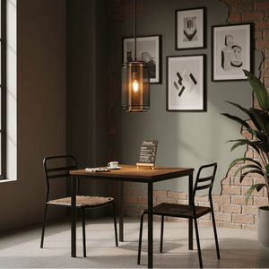 Boston Metal Pendant light hanging above a wooden dining table in a modern interior with framed art.
