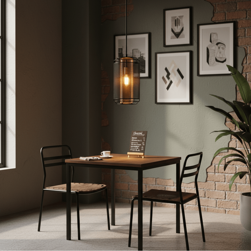 Boston Metal Pendant light hanging above a wooden dining table in a modern interior with framed art.