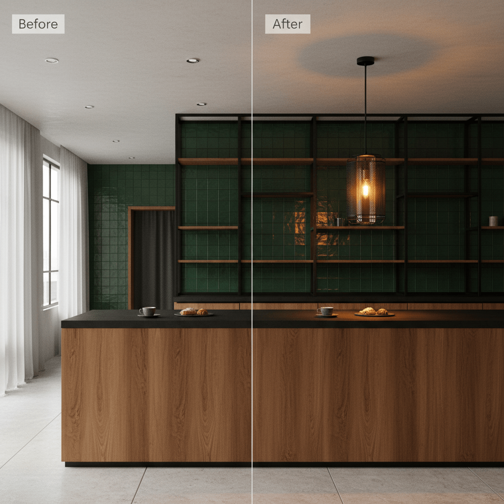 Before and after comparison of a kitchen with the Boston Metal Pendant light enhancing the space.