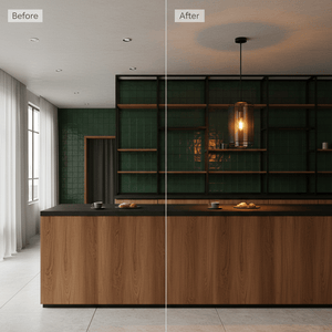 Before and after comparison of a kitchen with the Boston Metal Pendant light enhancing the space.