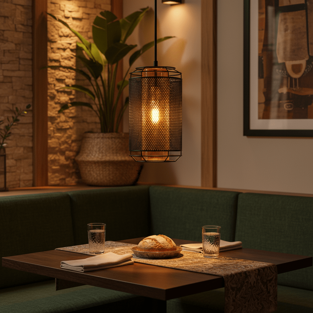 Boston Metal Pendant Light in a cozy dining setting, illuminating a table with bread and glasses.