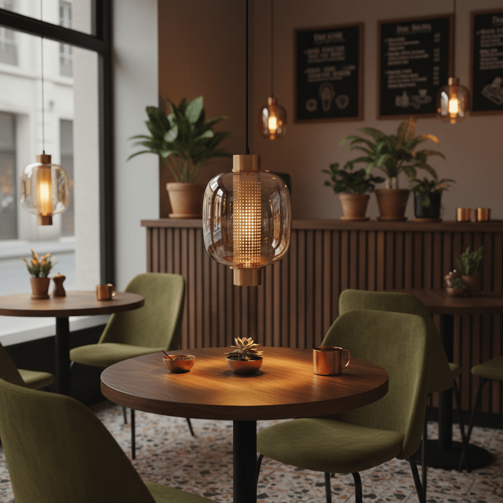 Gold glass pendant light hanging over a wooden table in a cozy café setting with plants.