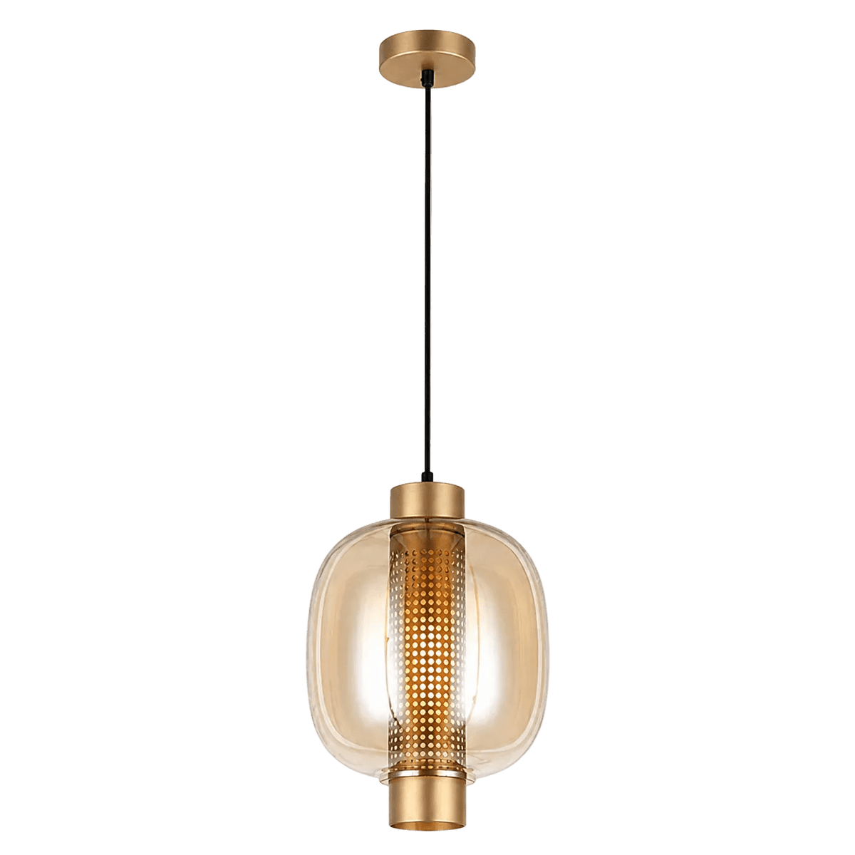 Large pendant light with a gold finish, clear glass shade, and a perforated center detail, suspended from a black cord.