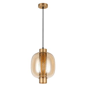 Large pendant light with a gold finish, clear glass shade, and a perforated center detail, suspended from a black cord.