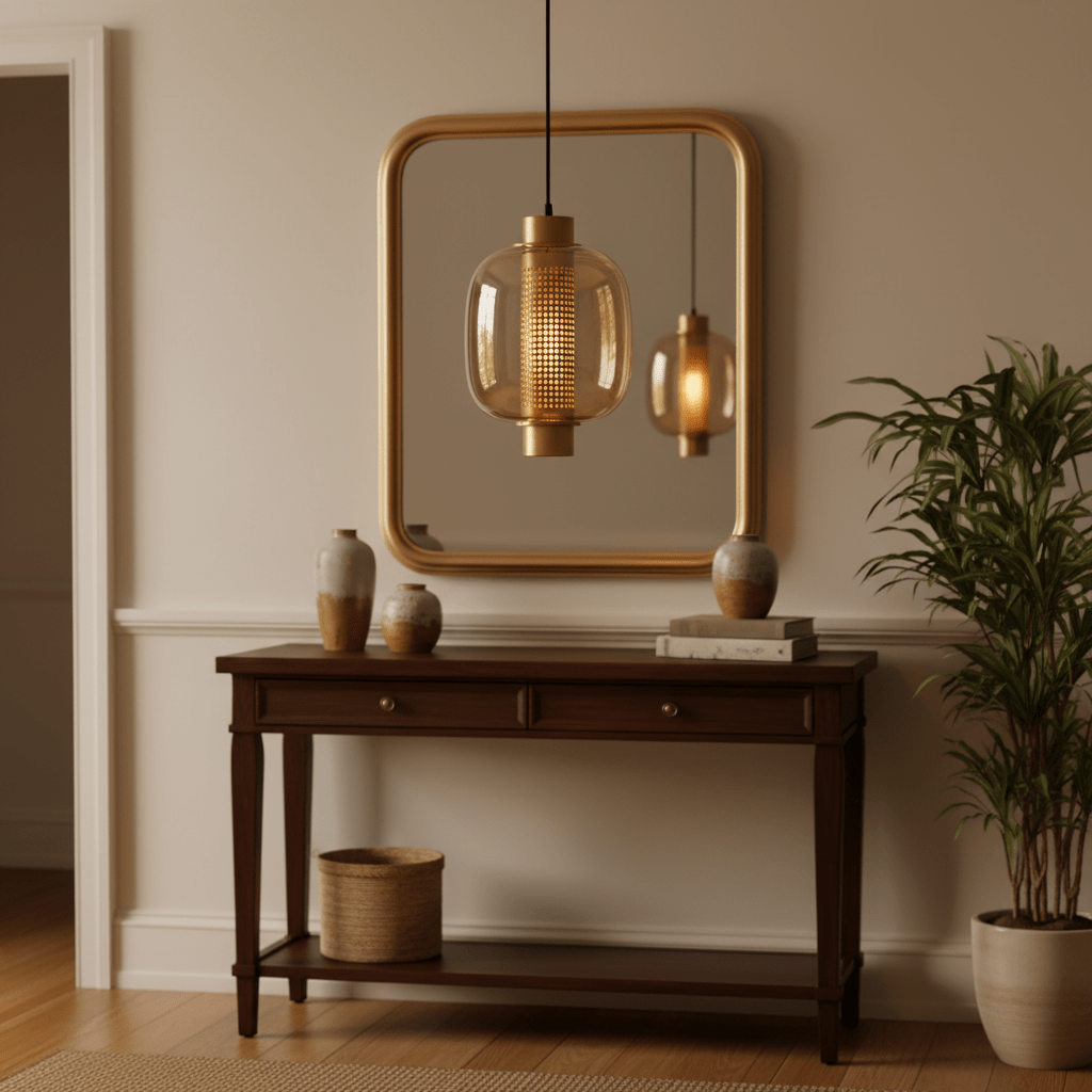Gold glass pendant light hanging above a wooden console table with decorative vases and a mirror.