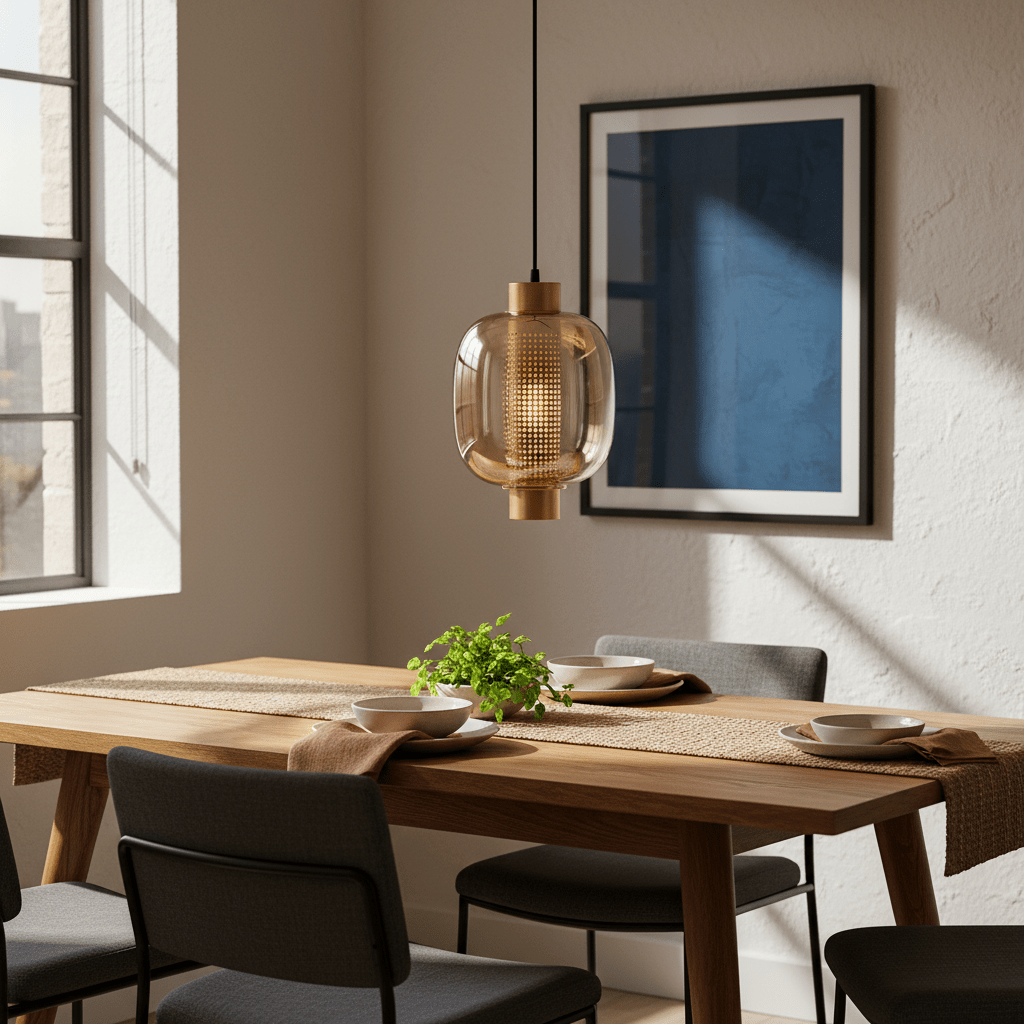 Gold glass pendant light hanging above a wooden dining table set with plates and a plant.
