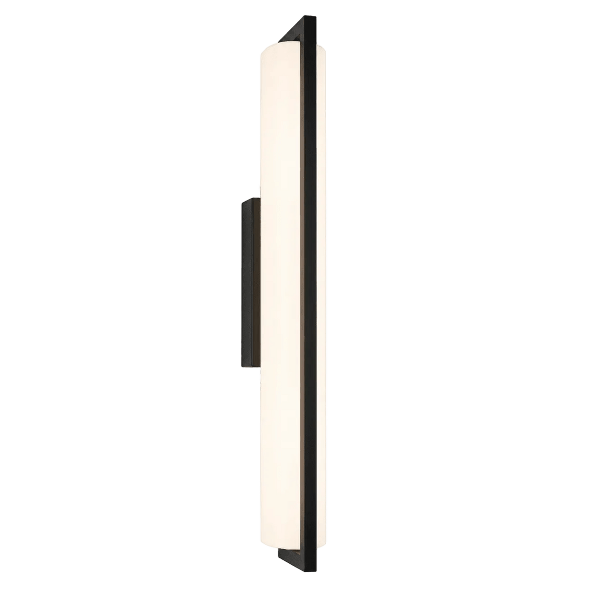 A vertical LED mirror light with a sleek black frame and a frosted white light panel.