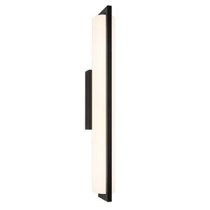 A vertical LED mirror light with a sleek black frame and a frosted white light panel.