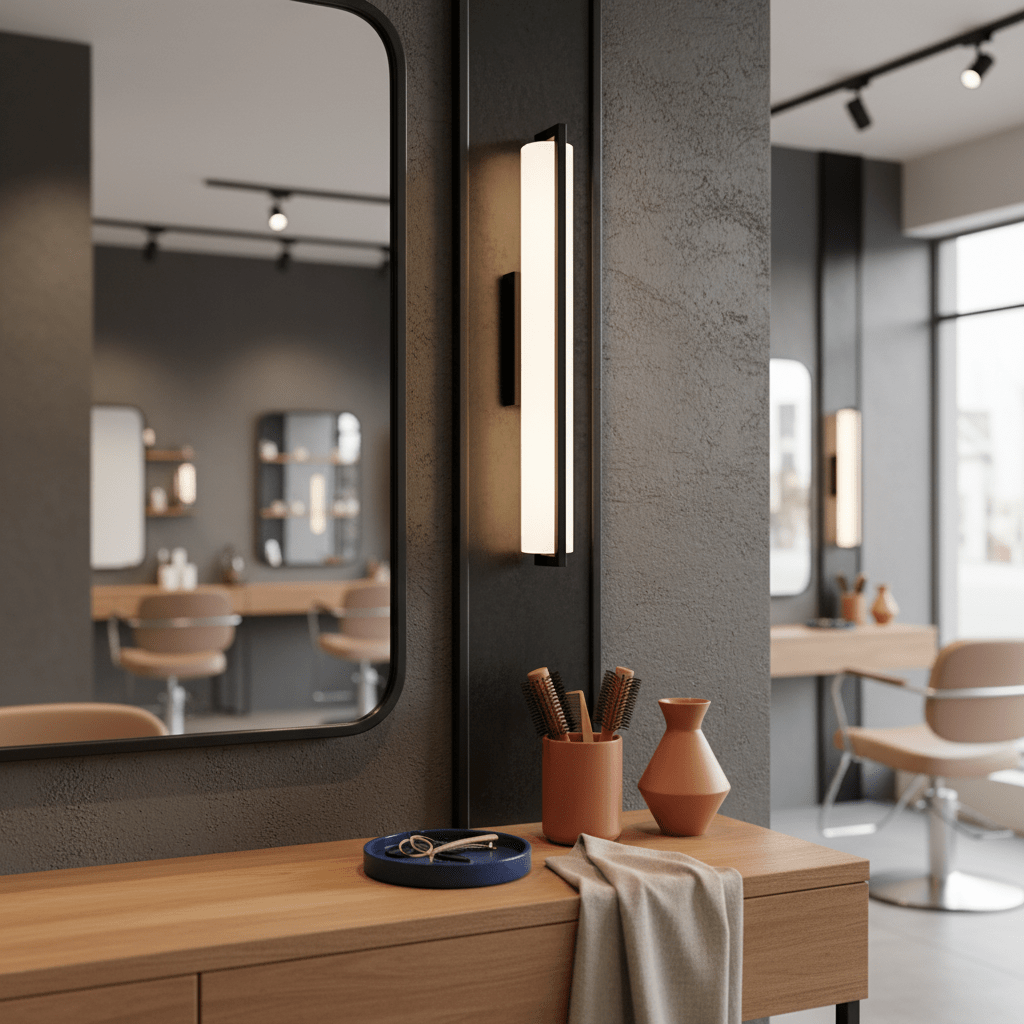 Giada LED Mirror Light mounted beside a mirror in a modern salon setting, providing even illumination.