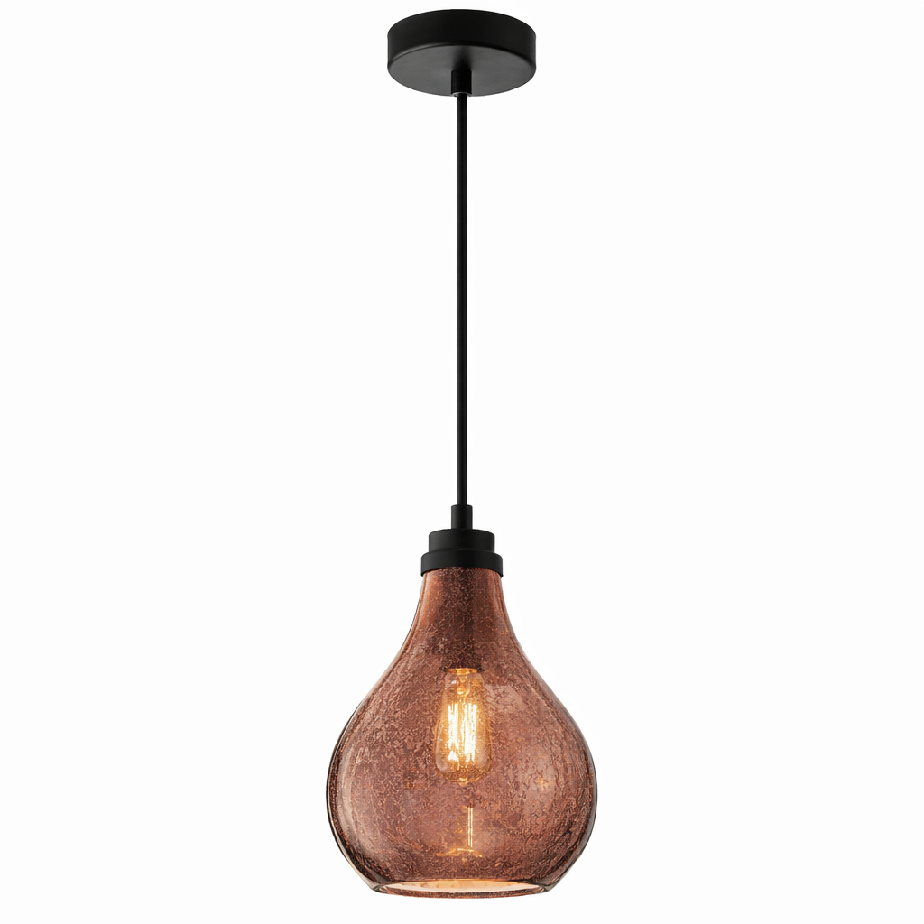 Pendant light with brown glass shade and black fixture on a white background
