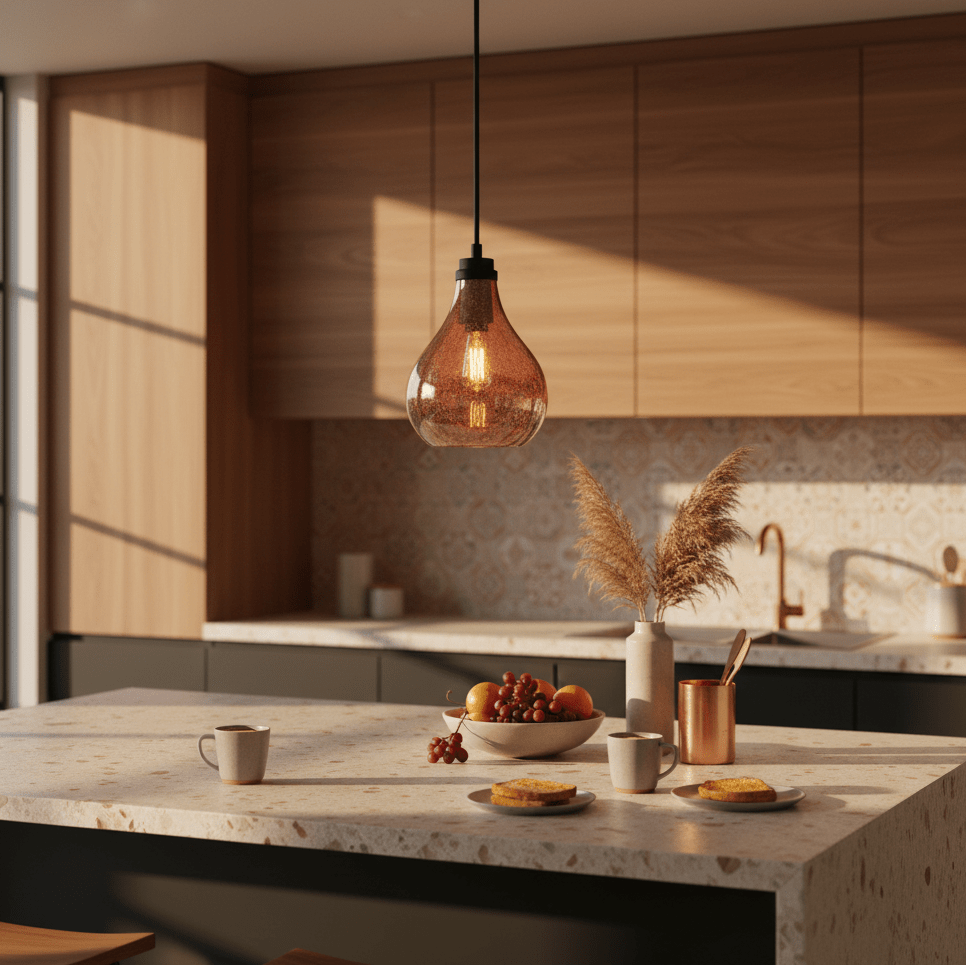 Rose copper pendant light hanging above a kitchen island with a bowl of fruit and coffee cups.