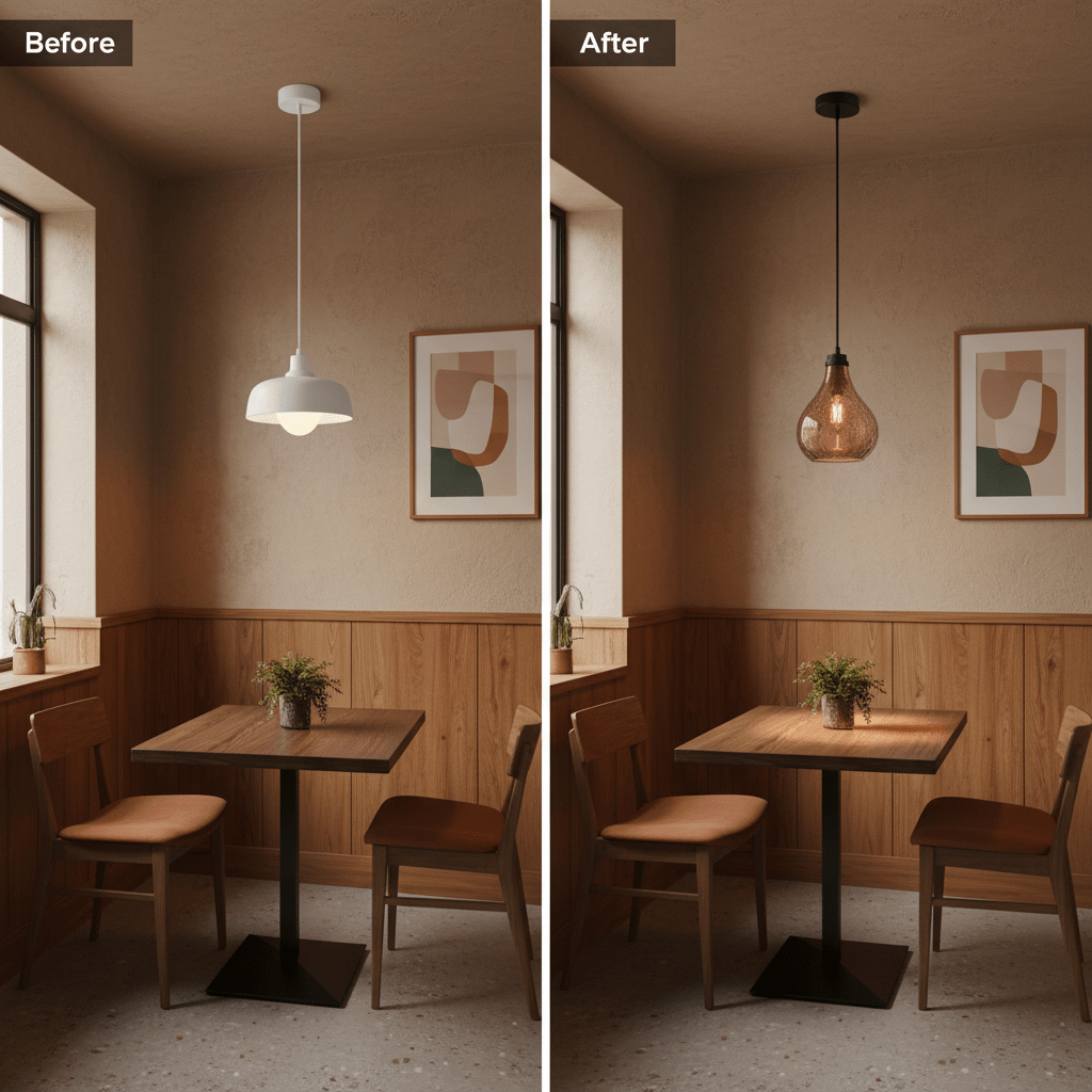 Comparison image showing a dining nook before and after installing a rose copper glass pendant light.