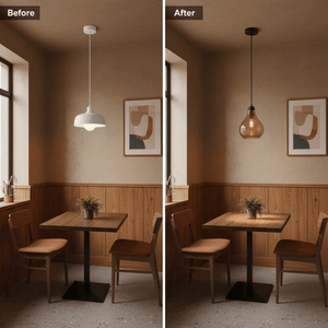 Comparison image showing a dining nook before and after installing a rose copper glass pendant light.