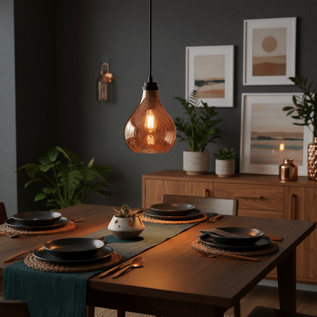 Rose copper glass pendant light hanging above a dining table set with black plates and a plant centerpiece.