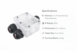 Close-up of a waterproof junction box with double entries, showcasing its clear polycarbonate design and terminal block.