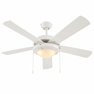 White Comet 5 Blade Ceiling Fan with frosted glass light, featuring five blades and pull chains.