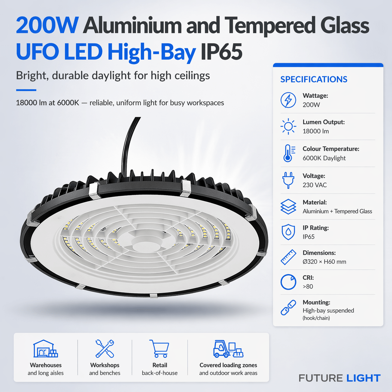 200W Aluminium and Tempered Glass UFO LED High-Bay IP65