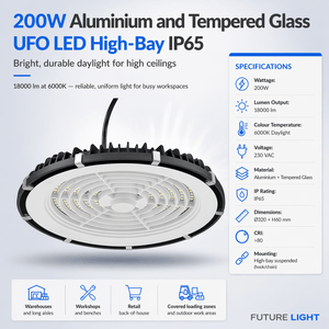 Close-up view of a 200W UFO LED high-bay light showcasing its design and specifications.