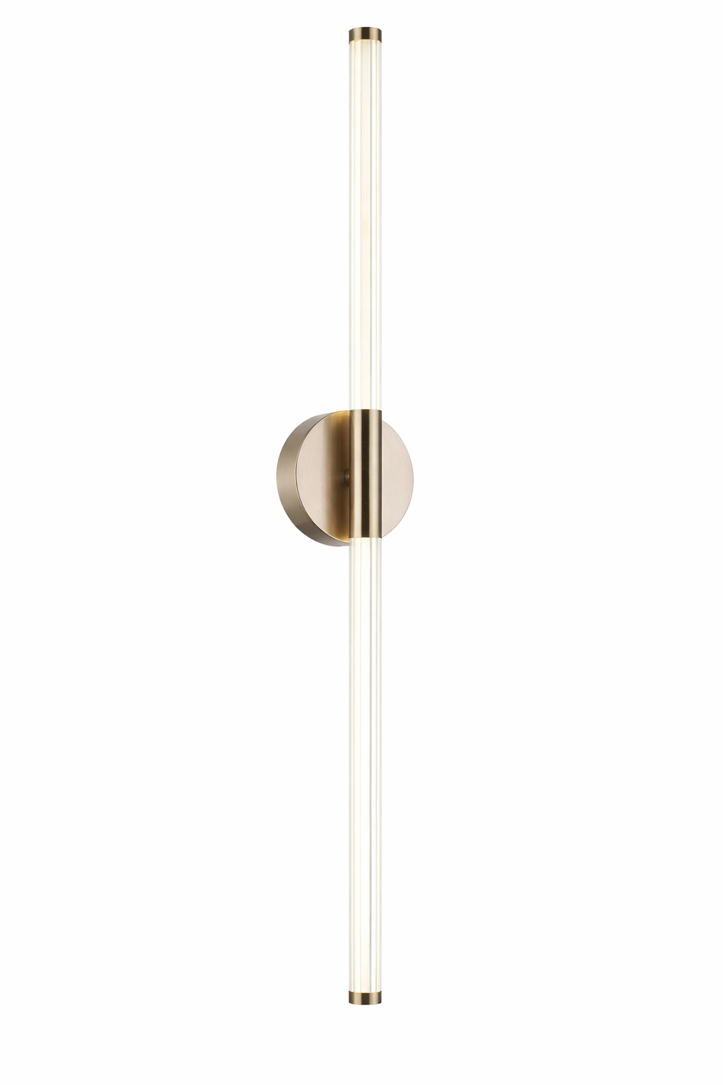 Modern wall-mounted light fixture with a gold finish on a white background