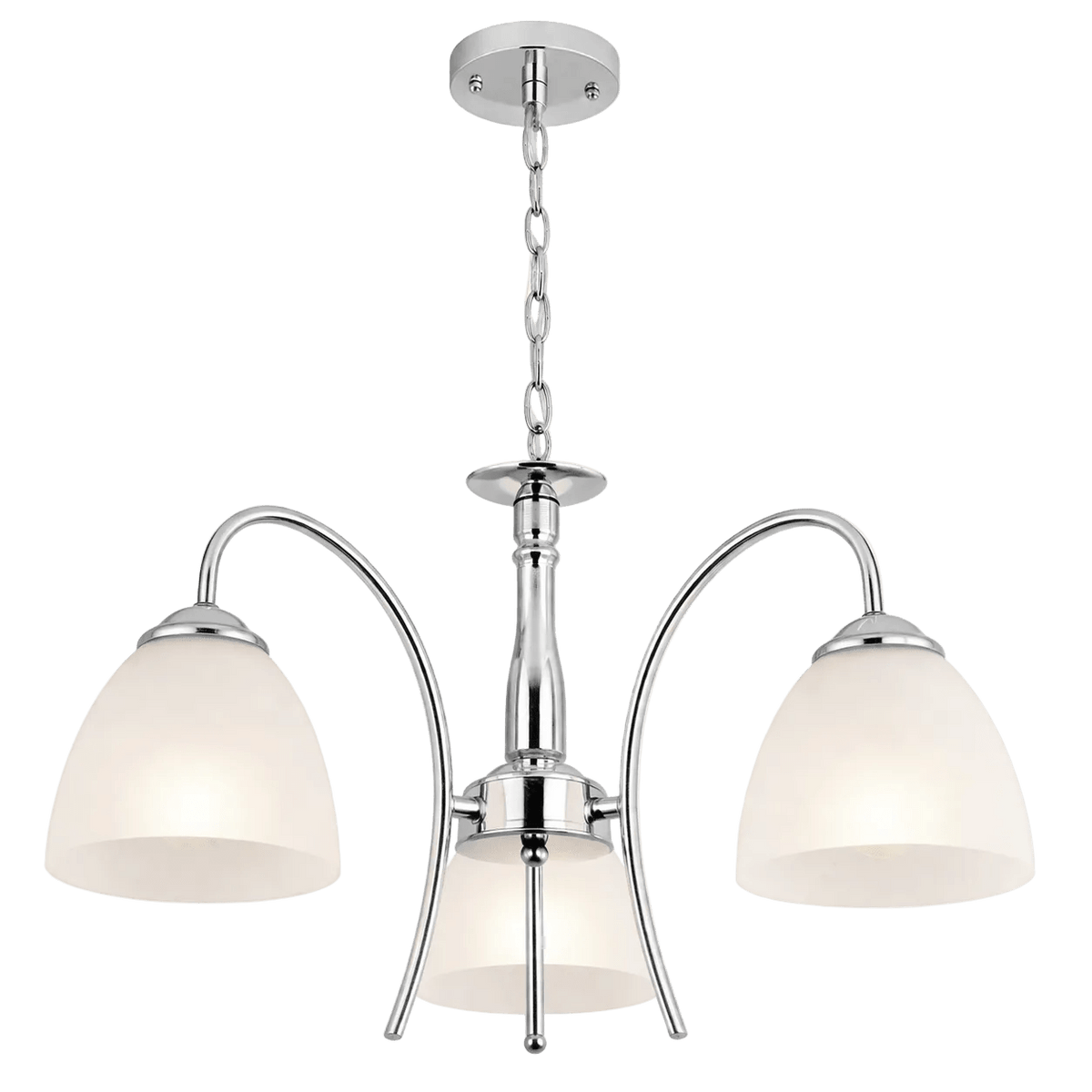 Three-light chandelier featuring a polished chrome finish and frosted glass shades, suspended from a chain.