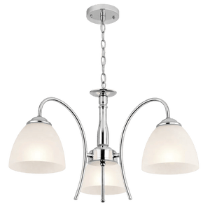 Three-light chandelier featuring a polished chrome finish and frosted glass shades, suspended from a chain.