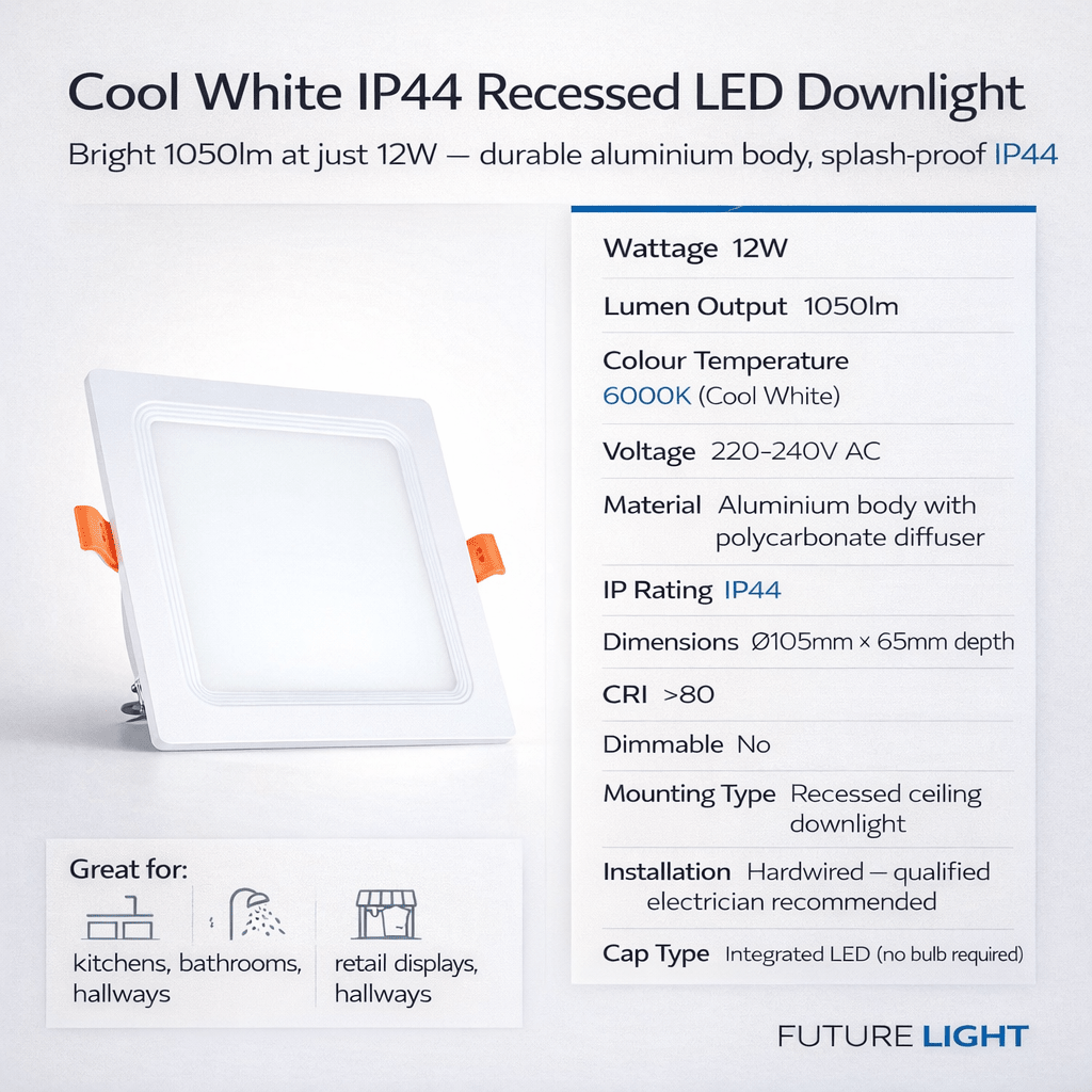 Close-up of a Cool White LED Downlight with installation details and icons for use in kitchens, bathrooms, and retail