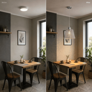 A stylish kitchen nook before and after installation of a polished chrome pendant light, enhancing ambiance.