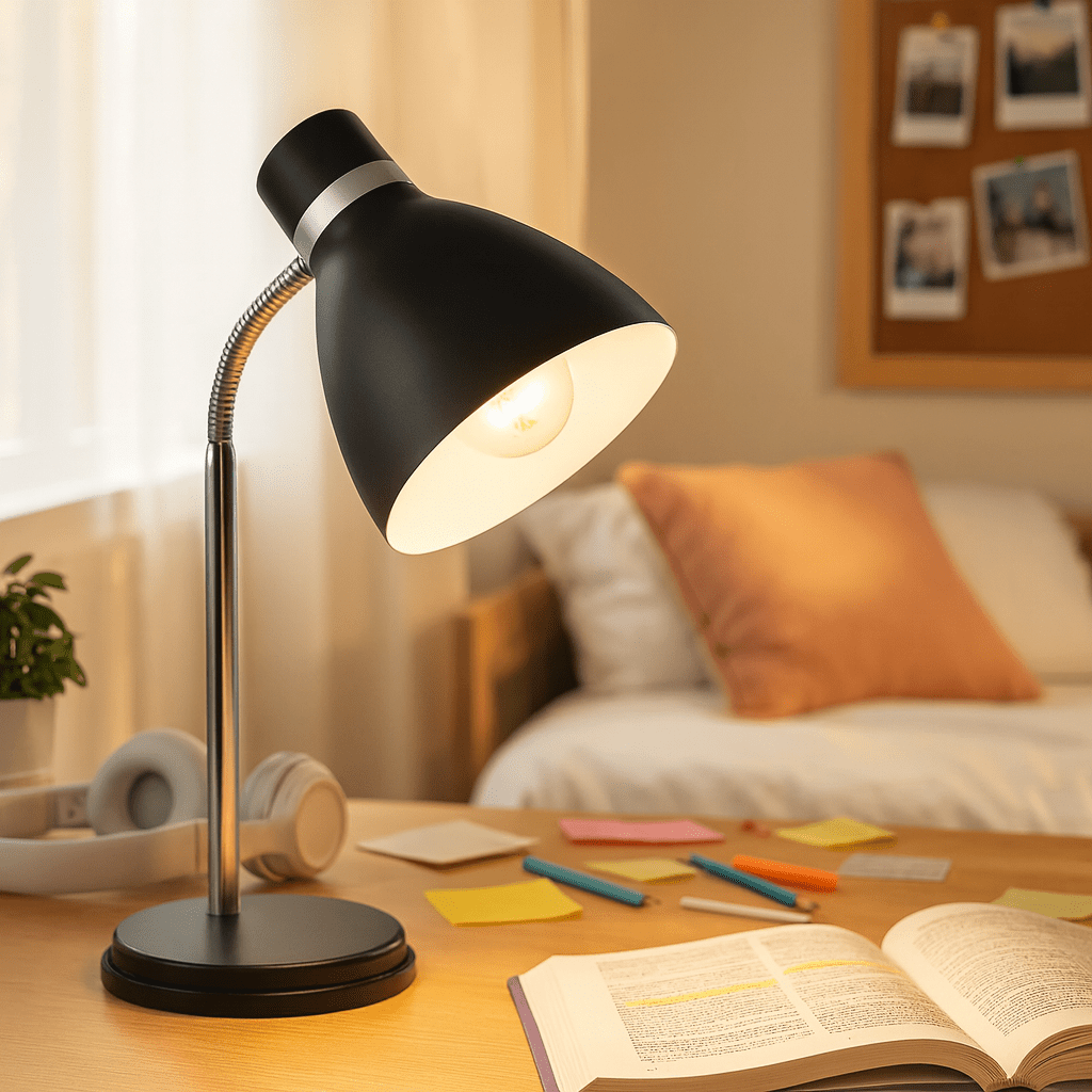 Black metal desk lamp with flexible gooseneck illuminating a study area with books and stationery.