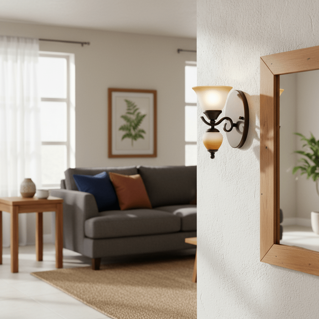 Indoor wall light with faded brown glass mounted beside a mirror in a cozy living room setting.