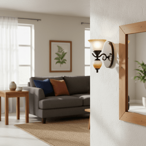 Indoor wall light with faded brown glass mounted beside a mirror in a cozy living room setting.