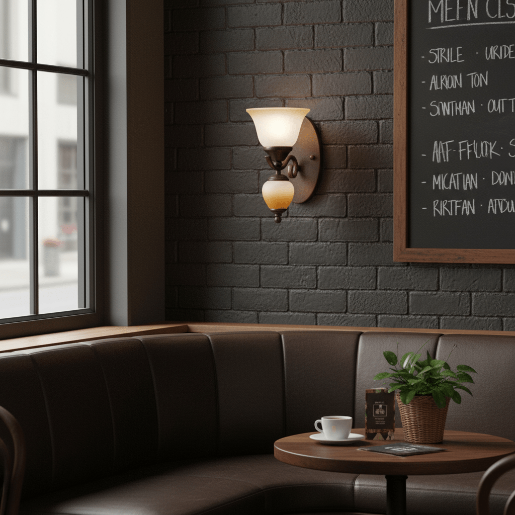Indoor scene featuring a metal wall bracket light with faded brown glass, illuminating a cozy seating area.