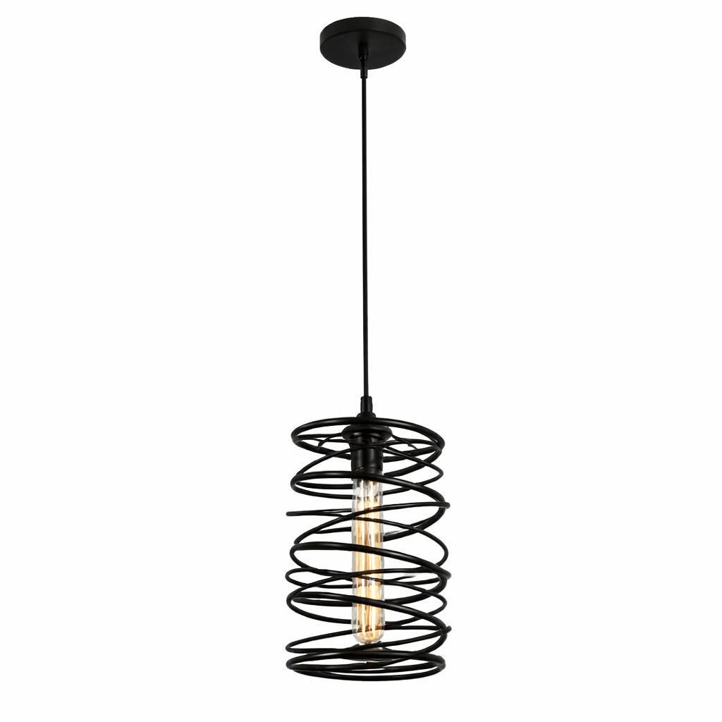 Black spiral pendant light on a white background