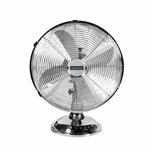 Satin chrome desk fan with four blades, featuring a sturdy base and a sleek design.