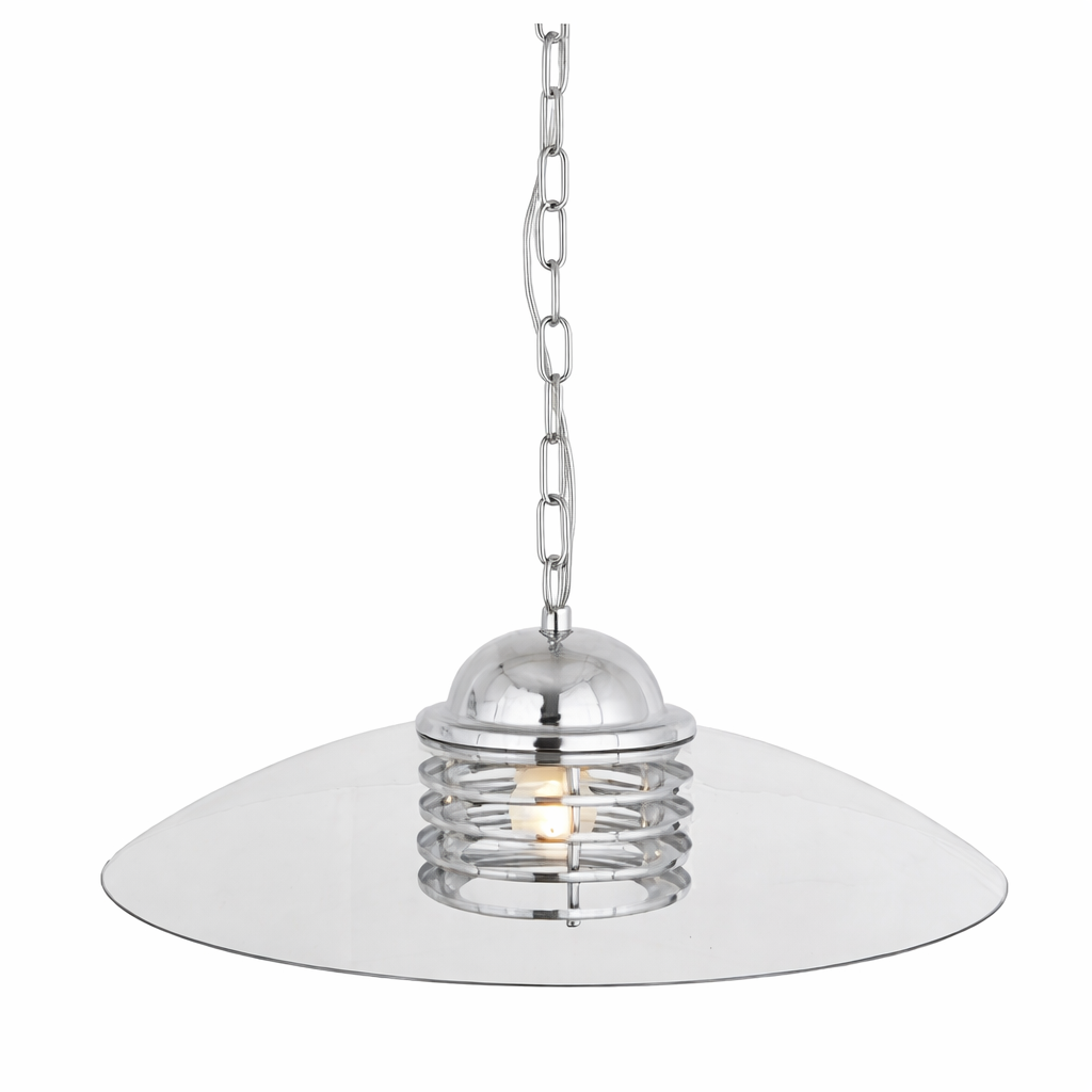 Pendant light with smoky glass shade and chrome finish on a white background