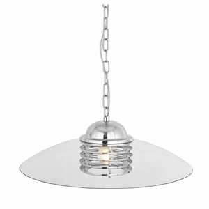 Pendant light with smoky glass shade and chrome finish on a white background